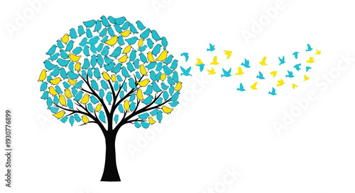 A stylized tree formed by numerous blue and yellow birds in flight
