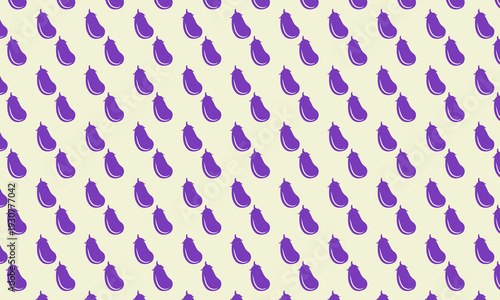 Purple eggplant seamless pattern on a light yellow background. Flat vector illustration of organic vegetables in a repetitive layout.