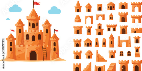 Cartoon Sand Castle Set with Medieval Towers Walls Gates and Fortress Elements Vector Illustration Collection