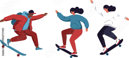 Three people skateboarding in different poses with colorful clothing and boards