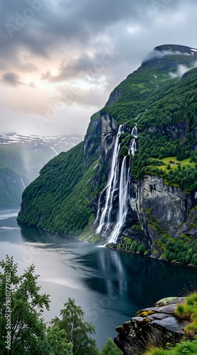 Fjord slopes with thin waterfalls cascading down cliff into still lake surrounded by lush green hills. Concept of dramatic serenity, inspired by Geirangerfjord in Norway.