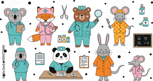 Cute Animal Doctors and Nurses Set with Medical Tools Hospital Uniforms and Healthcare Cartoon Characters Vector Illustration