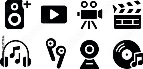 Collection of simple black icons representing multimedia and entertainment elements on a white background