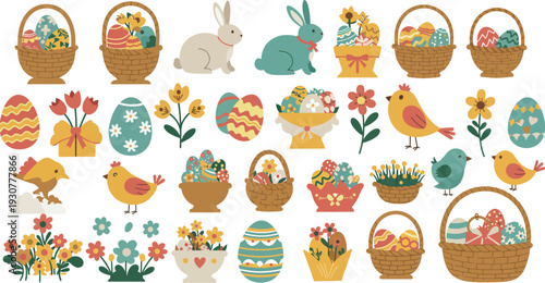 Easter decorations and symbols including baskets bunnies eggs and chicks