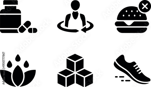 Collection of simple vector icons representing health and wellness concepts isolated on transparent background