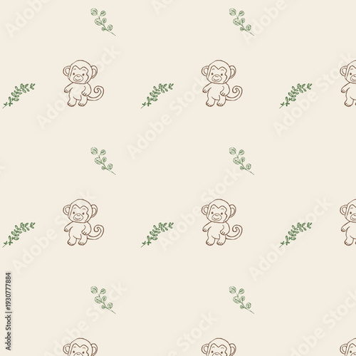 Pattern con scimmie e rami con foglie su sfondo beige chiaro
