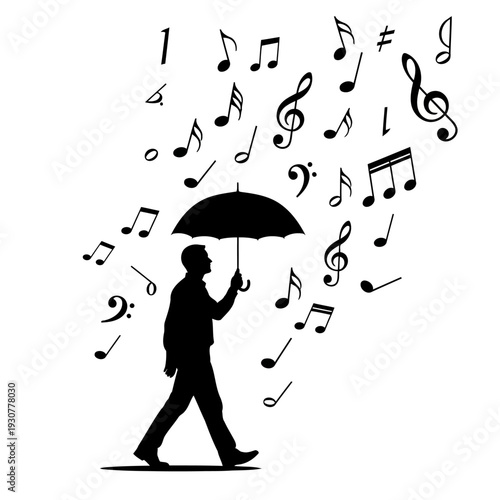 A man walks with an umbrella surrounded by musical notes