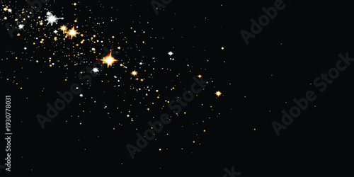 Sparkling gold and silver stars on black background, shimmering magical glitter dust vector illustration for festive holiday celebration background.