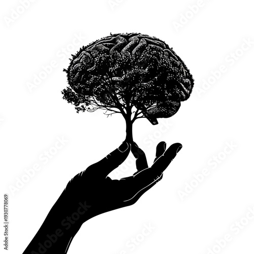 A hand cradles a brain with a tree growing out of it