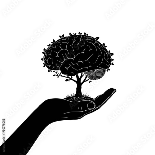 A hand cradles a brain with a tree growing out of it