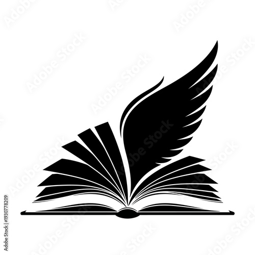 A black and white illustration of an open book with a wing