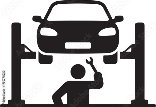 Car on lift and mechanic icon, vector. Car service repair simple illustration