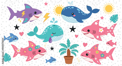 Cute Cartoon Sharks and Whales Set with Tropical Elements Hearts and Ocean Sea Animals Vector Illustration