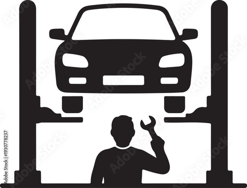 Car on lift and mechanic icon, vector. Car service repair simple illustration