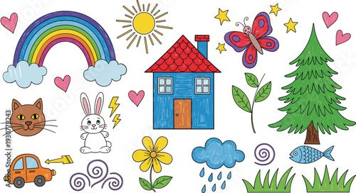 Cute Childlike Doodle Set with Rainbow House Cat Bunny Tree Sun and Nature Cartoon Elements