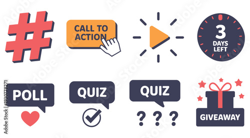 colorful, vector graphic illustration of various social media icons and symbols for online engagement, perfect for community manager, influencer, and content creator rank titles.