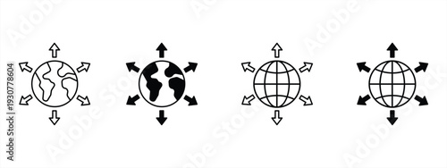 Collection of world expansion icons. Globe with arrows. International transfer or export worldwide. Vector illustration.