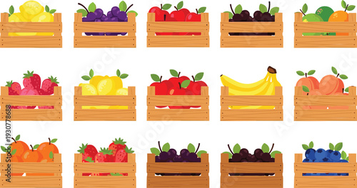 Wooden Crates with Fresh Fruits Collection Featuring Apples Bananas Berries Grapes and Citrus Vector Illustration