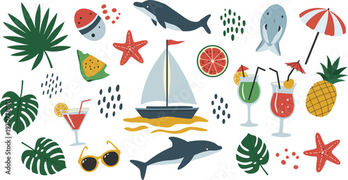 Summer vacation tropical island getaway with sailboat and refreshing drinks