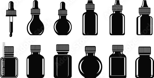 Black Silhouette Set of Dropper Bottles, Glass Vials, and Medicine Jars for Essential Oils, Cosmetics, Laboratory Research, and Pharmaceutical Packaging.