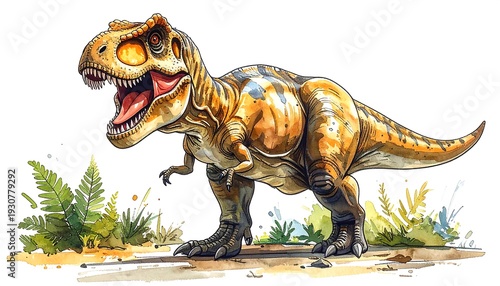 Fierce Tyrannosaurus Rex in a watercolor style, mouth open. Jurassic