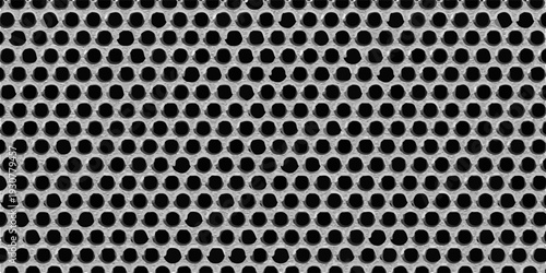 Texture of metal black mesh with round holes on a white background. Background made of metal perforated mesh