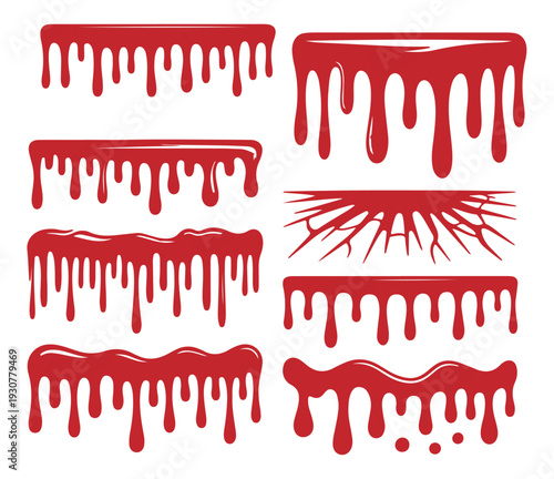 Collection of stylized red drips and splatters on a white background