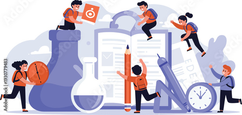 People working together collaboratively on large book and school supplies