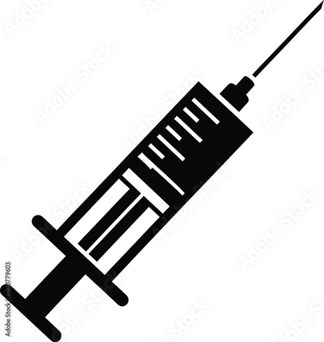 a black silhouette of a syringe with a needle pointing to the upper right corner on a white background