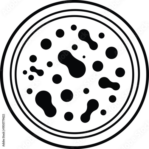 a simple black and white image of a plate with various sized spots on it