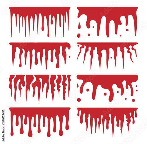 A collection of dripping stylized blood splatters and liquid shapes