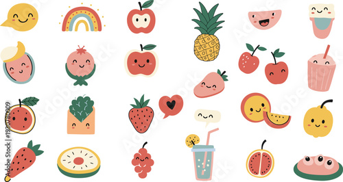 Colorful cartoon fruits and smoothies with smiling faces on white background
