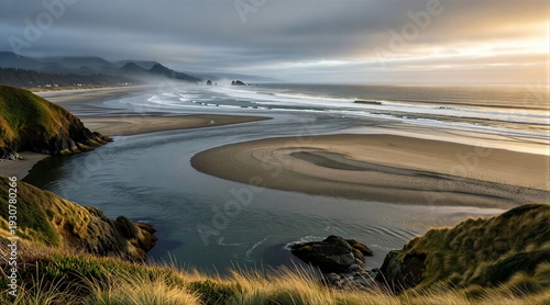 River estuary meeting ocean at sunset, calm water reflects warm colors, ominous clouds above rolling hills. Concept of tranquility, inspired by Oregon Coast in USA.