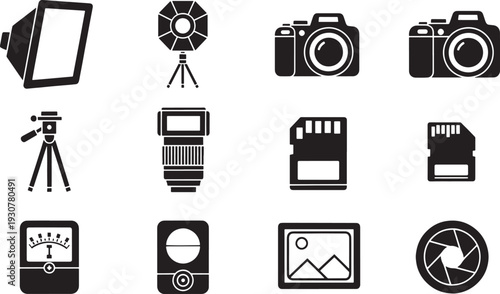 Black silhouette of equipment and accessories on white background camera lens tripod flash light box