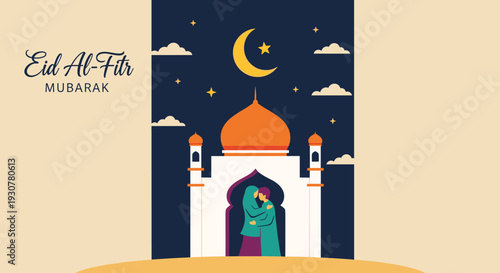 Happy Eid Mubarak, modern flat vector showing family happiness, generosity, and joyful Eid Mubarak celebration