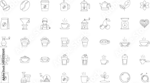 Coffee shop dotted line collection of brewing and drinking coffee beans coffee bag coffee cup coffee mug