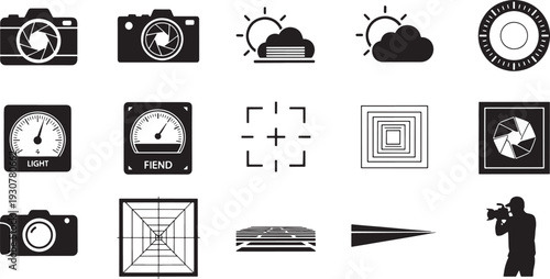Collection of black and white and symbols camera aperture lens shutter