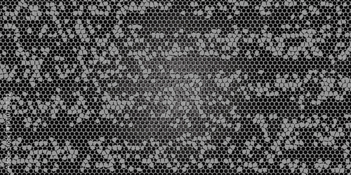 Texture of metal black mesh with round holes on a white background. Background made of metal perforated mesh
