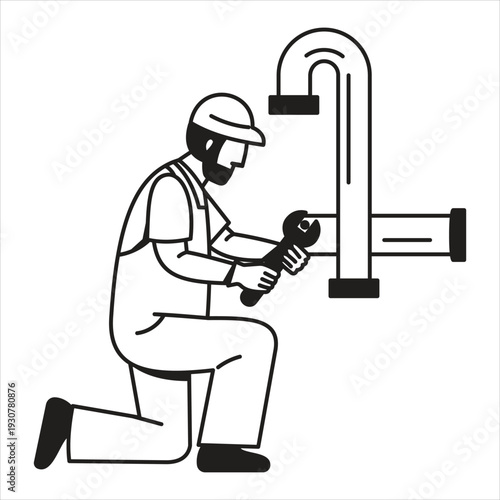 Man in overalls and hard hat using power tool on pipe