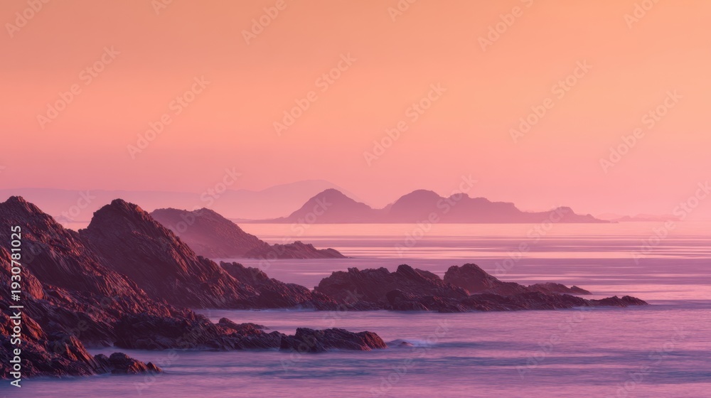 Fototapeta premium A beautiful scene unfolds with soft twilight hues painting the sky above a rocky coastline. Gentle waves lap at the shore while distant mountains create a serene backdrop.