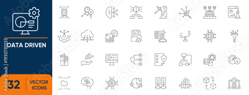 Data Driven Icon Set. Containing Data Analytics, Business Intelligence, Digital Information, Big data, Analysis, Data Mining, Database and more. Editable vector Line icons collection.