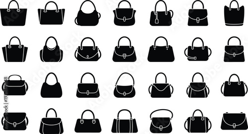 Set of black silhouette female fashion handbags, elegant lady purse icons, luxury leather tote, shoulder bags, and accessories for design.