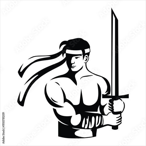 Muscular warrior with sword and headband in action stance