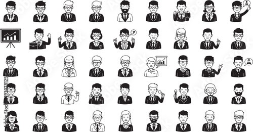 Collection of black and white business people with diverse expressions and actions women