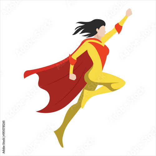Woman superhero in yellow and red costume jumping dynamically