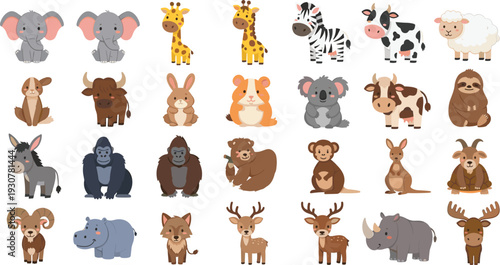 Cute Zoo and Farm Animals Cartoon Vector Set with Elephant Giraffe Zebra Cow Deer Rhino Monkey Characters