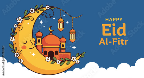 Happy Eid Mubarak, modern flat vector showing family happiness, generosity, and joyful Eid Mubarak celebration