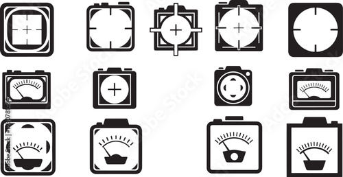 Collection of black and white featuring camera viewfinders and analog gauges meter