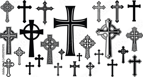 Christian Cross Symbol Collection Featuring Celtic Gothic and Minimal Styles Isolated Black and White Religious Vector Illustration Set