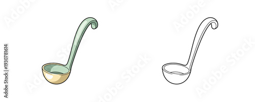 Kitchen soup ladle shown in colored cartoon and black outline styles with green and cream colors representing cooking utensil and creative coloring activity on white background